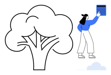 Ağaçların yanında hesap makinesi tutan kadın ekolojik dengeyi, korumayı ve kaynak yönetimini sembolize ediyor. Sürdürülebilirlik için ideal, çevre dostu davranış, yeşil enerji, karbon dengesi, çevre