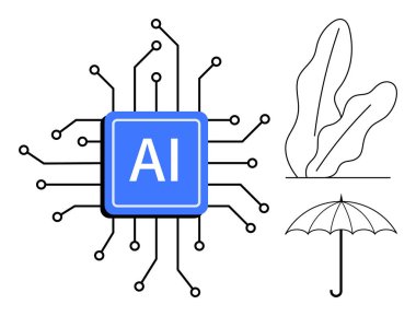 Dijital devrelerle çevrili yapay zeka çipi, minimalist çizgi çizimleri bir yaprak ve şemsiye. AI entegrasyonu, ekoloji, koruma, teknoloji, sürdürülebilirlik, akıllı sistemler, yenilik düzlemi için ideal