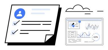 Bir bulut simgesi altında grafik ve analizlerin yer aldığı bir veri panelinin yanında kontrol listesi olan profil sayfası. Veri yönetimi, bulut hesaplama, dijital iş akışı, analitik ve kişisel için ideal