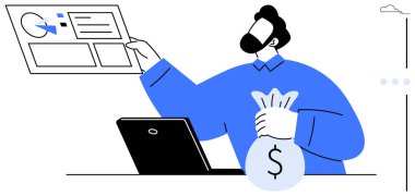 Bilgisayarlı ve para çantası taşıyan profesyonel finansal şema. İş stratejisi, finansman büyümesi, yatırım planlaması, bütçe planlaması, zenginlik yönetimi, danışmanlık, daire sade