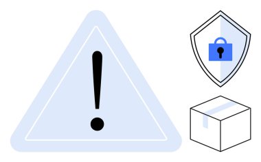 Bir uyarı üçgeninin içinde ünlem işareti, mavi kilitli güvenlik kalkanı ve nakliye kutusu. Güvenlik uyarıları, paket taşıma, dijital koruma, uyarı işaretleri, çevrimiçi alışveriş, güvenli