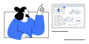 Analitik gösterge paneline grafikler, pasta grafikleri ve performans ölçüleriyle bakan bir kadın. İş, analitik, strateji, hedef izleme, eğitim, takım çalışması için ideal basit bir metafor