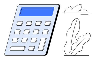 Minimalist bitki çizimlerinin yanında büyük düğmeleri ve mavi ekranı olan hesap makinesi. Finans, muhasebe, bütçe, veri analizi, eğitim, dijital araçlar, eko tasarım için idealdir. Düz basit metafor