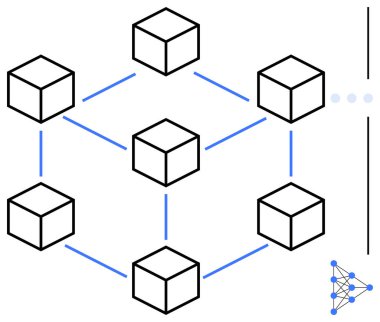 Birbirine bağlı küpler bir engelleme ağını sembolize eden mavi çizgilerle bağlanmış. Teknoloji, veri paylaşımı, ademi merkeziyet, kripto para birimi, güvenlik, dijital işlemler ve yenilik için ideal. Düz