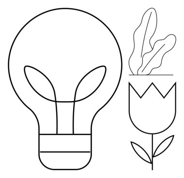 Ampul ve çiçek, temiz çizgilerle özetlenmiş fikirleri ve büyümeyi sembolize ediyor. Yenilik için ideal, sürdürülebilirlik, yaratıcılık, ilham, ekoloji, minimalizm, eğitim düz metaforu