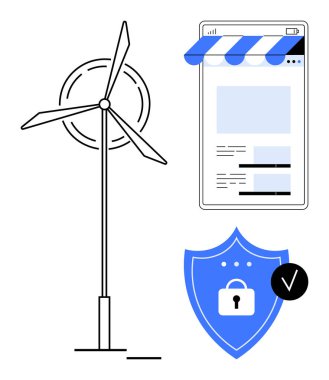 Sürdürülebilirliği simgeleyen rüzgar türbini tente altında e-ticaret web sayfası ve veri güvenliği için asma kilitli kalkan. Yenilenebilir enerji, e-ticaret, siber güvenlik, yeşil teknoloji için ideal.