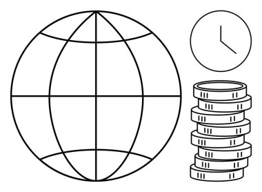 Şebeke küresi, saat ve birikmiş paralar küresel ekonomi, zaman yönetimi ve finansal işlemleri temsil etmektedir. İş, ticaret, analiz, zaman değeri yatırım verimliliği ekonomisi için ideal