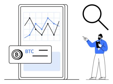Bitcoin analizlerinin dalgalı grafiği, BTC simgesi ve eğilimleri inceleyen analistle telefonda görüntülenmesi. Fintech, kripto para birimi, borsa, analiz, yatırım teknolojisi ticareti için ideal. Düz