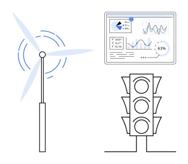 Rüzgar türbini, trafik ışıkları ve veri grafikleri temiz enerjiyi, akıllı teknolojiyi ve analitiği vurguluyor. Sürdürülebilirlik, yenilik, yenilenebilir enerji, verimlilik teknolojisi verileri için ideal