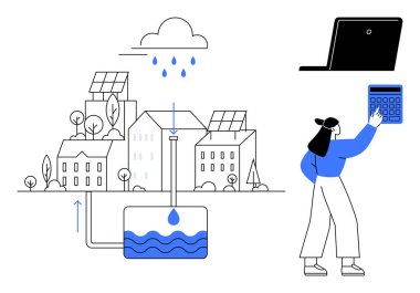 Güneş panelleri olan şehir binaları, yağmur suyu hasat sistemi, hesap makinesi ve dizüstü bilgisayar kullanan kadınlar. Sürdürülebilirlik, yenilenebilir enerji, kentsel planlama, çevre dostu teknoloji, kaynak yönetimi için ideal