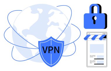 VPN kalkanı, güvenli küresel bağlantıyı sembolize eden küreyi kaplar, asma kilit veri şifrelemesini simgeler, tarayıcı sekmesi gizlilik korumasını vurgular. Ağ güvenliği, çevrimiçi mahremiyet ve veri için ideal