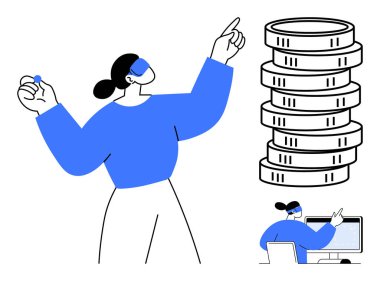 Bir yığın madeni parayla mali büyüme planlayan kadın, yukarıya bakıyor. İkincil sahne bilgisayarda çalıştığını gösteriyor. Finans, strateji, planlama, analiz, karar verme, tasarruf için ideal