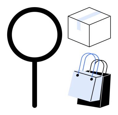 Büyüteç, teslimat kutusu, alışveriş torbaları. Çevrimiçi alışveriş, e-ticaret, dağıtım hizmetleri, tüketici araması, ürün keşfi perakende piyasa araştırması için ideal. Soyut çizgi düz metafor