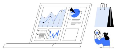 Analitiği grafikler, pasta grafiği ve bar grafiği ile gösteren dizüstü bilgisayar. Ürünü inceleyen kadın, siyah alışveriş çantası. İş, e-ticaret, araştırma, veri analizi perakende satış dairesi için ideal