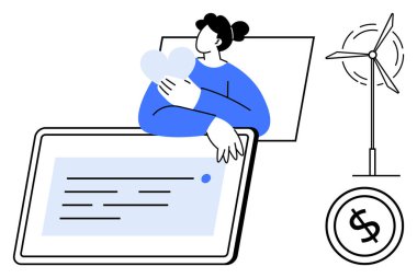 Kalbi tutan kadın, yazılı tablet, rüzgar türbini ve dolar işareti ikonu. Yenilenebilir enerji, sürdürülebilirlik, eko-finans, teknoloji kullanımı, yeşil yaşayan dijital yenilik için ideal basit