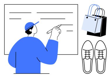 Yanında bir çift ayakkabı ve alışveriş çantasıyla birlikte beyaz tahtaya mavi harflerle yazılmış. Eğitim, planlama, alışveriş, tüketici davranışı, moda, perakende stratejisi, yaratıcılık için ideal