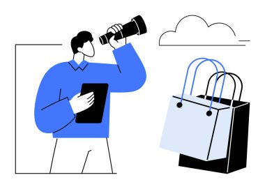 Teleskop ve tablet tutan bir adam alışveriş torbalarına bakar, üzerinde bulut vardır. E-ticaret, piyasa araştırması, çevrimiçi alışveriş eğilimleri, gelecek tahminleri, dijital ticaret, perakende satış için ideal