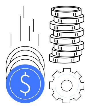 Düşen madeni paralar, dolar simgeleri, dişliler ve birikmiş paralar finans, kâr, tasarruf, yatırım, iş akışı verimliliği ve yönetimi vurguluyor. İş ekonomisi para birimi bankacılığı için ideal