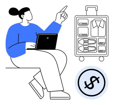 Dizüstü bilgisayarı olan bir kadın düzgünce paketlenmiş bir bavul ve dolar işaretinin yanında yukarı doğru bakıyor. Seyahat bütçesi, organizasyon, planlama, finans, paketleme ipuçları, iş gezileri, minimalizm için ideal