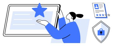 Tabletle etkileşime giren kişi, yıldız puanı veriyor. Teftiş yıldızlı kullanıcı profili, yanında asma kilit olan güvenlik kalkanı. Kullanıcı değerlendirmeleri, müşteri geribildirimi, reytingler, çevrimiçi güvenlik, kullanıcı için ideal
