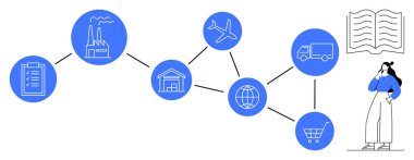 Üretim, depolama, tüketiciye dağıtım zincirinden tedarik. Lojistik, iş stratejisi, dağıtım ağları, küresel ticaret, tedarik zinciri yönetimi, ulaşım için ideal