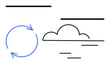 Döngüleri temsil eden dairesel mavi oklar, soyut bir şekil olarak bulut ve düzen, akış veya dengeyi gösteren yatay çizgiler. Süreç, akış, çevre ve yaratıcılık için ideal