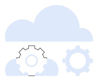 Açık mavi bulutlar birbirine kenetlenmiş iki dişli ikonun üzerinde şekillenir. Bulut hesaplama, otomasyon, veri entegrasyonu, teknoloji, yenilik, dijital dönüşüm, bilişim çözümleri için ideal. Düz basit metafor