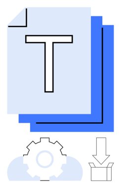 Büyük metin simgesine sahip belge yığını, kişiselleştirme için teçhizat, klasöre indirmeyi gösteren ok. Veri depolama, belge düzenleme, iş akışları, dosya paylaşımı, bulut hizmetleri için ideal