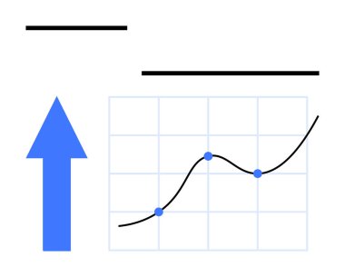 Çizgi arkaplanda veri noktaları olan çizgi grafiğinin yanında yukarı doğru ok. Büyüme, ilerleme, başarı, strateji planlaması, performans, analitik, hedef belirleme için ideal. Düz basit metafor