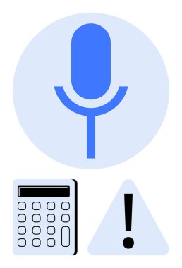 Hesap makinesinin üstünde mikrofon simgesi ve üçgende ünlem işareti. Ses girişi için ideal, sanal asistan, teknoloji alarmı, hata işleme, otomasyon, akıllı araçlar, düz basit metafor