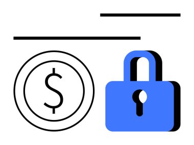 Parasal güvenliği temsil eden mavi bir asma kilidin yanında siyah dolar. Düz bir mecazda finans, tasarruf, yatırım, koruma, güvenlik, bankacılık veya risksiz güvence temaları için ideal