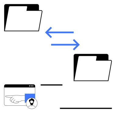 Oklarla birbirine bağlı iki dizin dosya paylaşımını temsil ediyor. Bir tarayıcı paraflar penceresi işaret eden bir el ve kullanıcı profili gösterir. Veri transferi, işbirliği, kullanıcı erişimi, dosya yönetimi için ideal