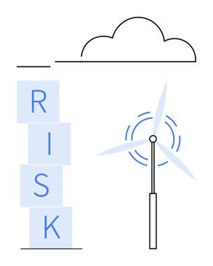 Yığılmış blokların yanında dönen rüzgar türbini bir bulutun altında RISK 'i heceliyor. Enerji, sürdürülebilirlik, risk yönetimi, yenilik, temiz enerji, zorluklar, soyut düz çizgi metaforu için ideal