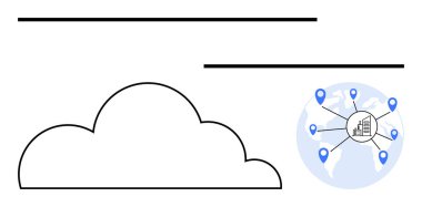 Küresel ağı, veri paylaşımını ve bağlantıyı sembolize eden konum işaretleyicileri olan bir küreye bağlı bulut şekli. Teknoloji, iletişim, takım çalışması, veri, bulut hizmetleri yeniliği için ideal