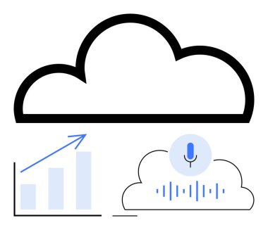 Ses dalgası üzerinde çubuk grafik ve mikrofon ikonu olan bulut çizgisi. İş, teknoloji, yapay zeka, veri, analitik, yenilik, bulut depolama için ideal. Düz basit metafor