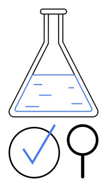 Sıvı, büyük kontrol işaretleri ve büyüteç içeren laboratuvar şişesi, araştırma, test, kalite güvencesi, onay, değerlendirme yeniliği ve bilimsel keşifleri simgeliyor. Düz basit