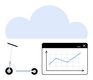 Bulut grafiği ve çizgili pencerenin yanında elektrikli scooter. Teknoloji, veri analizi, akıllı hareket, ulaşım trendleri, yeşil enerji, bulut hesaplama, sürdürülebilir araçlar için idealdir. Düz basit