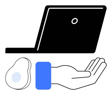 Bir dizüstü bilgisayarın yanında soyut bir öğe sunmak, işbirliğini, yaratıcılığı, sanal araçları, desteği, iletişimi ve modern problem çözmeyi vurgulamak. Teknoloji ve yenilik için ideal