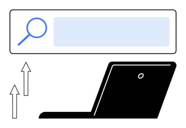 Arama çubuğundaki büyüteç, dizüstü bilgisayar, yukarı çıkan oklar internet aramasını, analitiği veya veri pazarlamasını gösteriyor. SEO, pazarlama, büyüme, veri dijital strateji iyileştirmesi için ideal basit