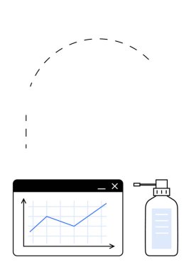 Ekrandaki mavi çizgi grafiği dezenfektan şişesiyle eşleştirilmiş, gelişimi, güvenliği ve hijyen odağı sembolize ediyor. Sağlık, güvenlik, iş büyümesi, başarı, salgın hijyen alışkanlıkları için ideal
