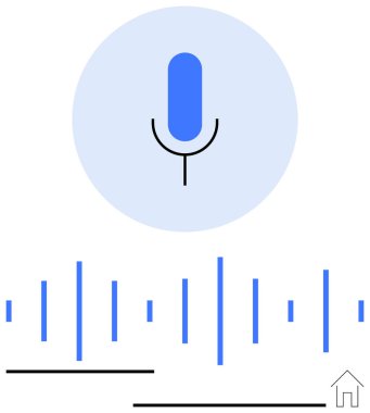 Ses kontrolü, ses kaydı, yapay zeka teknolojisi ve otomasyonu sembolize eden ses dalgalı mikrofon. Akıllı ev, konuşma tanıma, podcast, ses düzenleme, yapay zeka iletişimi için ideal basit