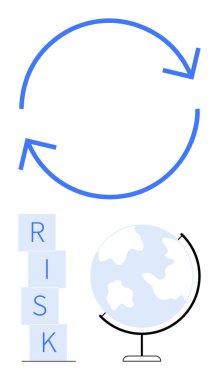 Mavi dairesel oklar, istiflenmiş RISK blokları ve küresel stratejiyi, risk analizini, problem çözmeyi, karar vermeyi sembolize eden küre. İş planlaması, küresel pazarlar ve risk yönetimi için ideal