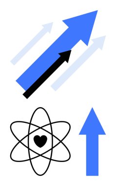 Yukarı doğru mavi ve siyah oklar, çekirdekte kalp olan atom tasarımı. Büyüme, liderlik, yenilik, enerji, odaklanma, hırs ve motivasyon için idealdir. Düz basit metafor