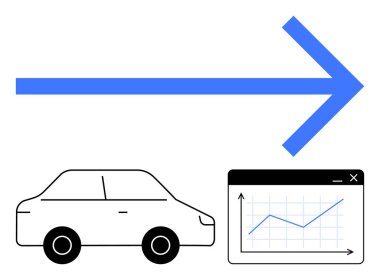 Araba ve analitik haritasının üzerindeki mavi ok veri izleme ve ulaşım verimliliğini vurguluyor. Lojistik, teknoloji, veri, strateji, hareketlilik ve yenilik için ideal. Düz basit metafor