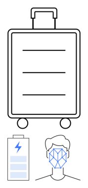 Tekerlekli minimalist bavul, biyometrik yüz taraması ve batarya paketi. Seyahat, teknoloji, yenilik, güvenlik, kişisel kimlik sürdürülebilirliği için idealdir. Düz basit metafor