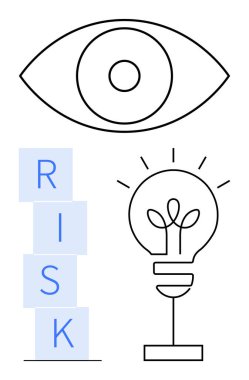 Göze göz, istiflenmiş bloklar RISK yazılıyor ve yenilik için parlayan ampul. Fikirler için ideal, yaratıcılık, problem çözme, karar verme, liderlik stratejisi. Soyut satır düzlüğü