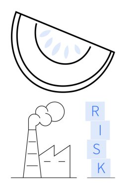 Dumanlı sanayi fabrikası, yığılmış RISK blokları ve bir dilim meyve tohumu konsepti. Sürdürülebilirlik, endüstri etkisi, risk yönetimi, çevre, sağlık, kurumsal planlama için ideal