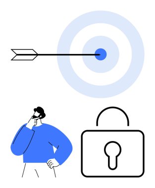 Ok hedefi vuruyor, mavi elbiseli düşünceli kişi zorlukları analiz ediyor ve güvenli çözümler öneriyor. Başarı, planlama, odaklanma, güvenlik, karar verme, sorun çözme dairesi için ideal basit