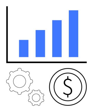 Yükselen mavi sütunlu çizelge, süreç optimizasyonunu sembolize eden iki vites simgesi ve finansal büyümeyi simgeleyen bir dolar sembolü. İş, finans, analitik, üretkenlik ve strateji için ideal