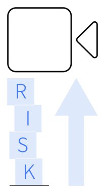 Video kamera simgesi, üst üste dizilmiş harfler RISK ve yukarı doğru ok oluşturur. Ticari büyüme, risk analizi, karar verme, yenilik, yönetim, strateji soyut çizgisi düz metafor için ideal